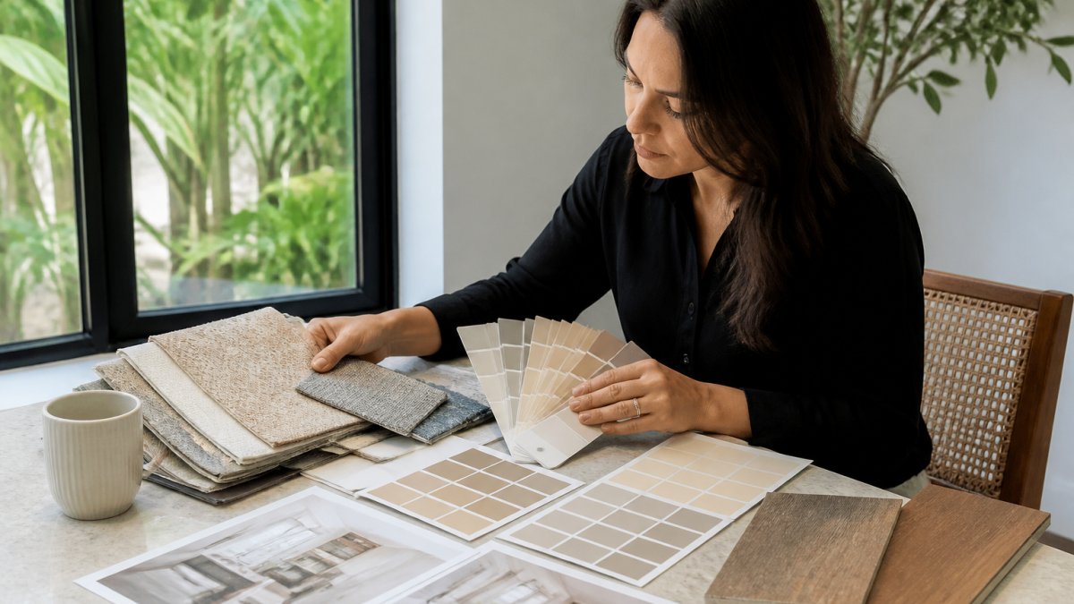 Homeowner reviewing paint color swatches and fabric samples spread across a table near a bright window, with design inspiration photos and existing flooring samples visible