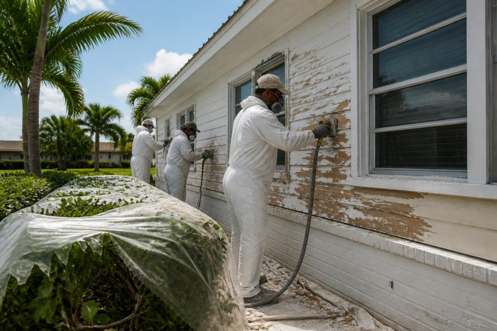 Painting crew scraping and sanding peeling wood siding while painting older homes in Florida sunshine.