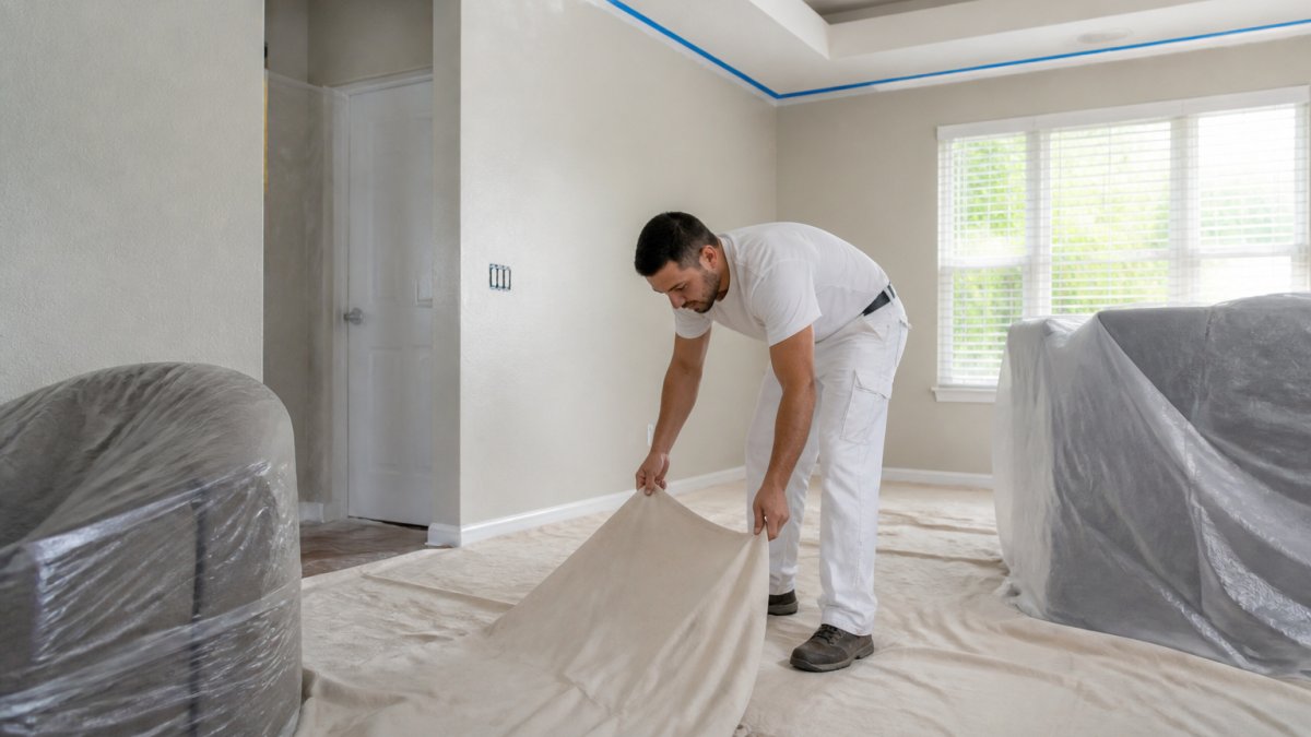 Professional painter in uniform carefully protecting furniture and flooring with drop cloths while preparing a residential room for interior painting work